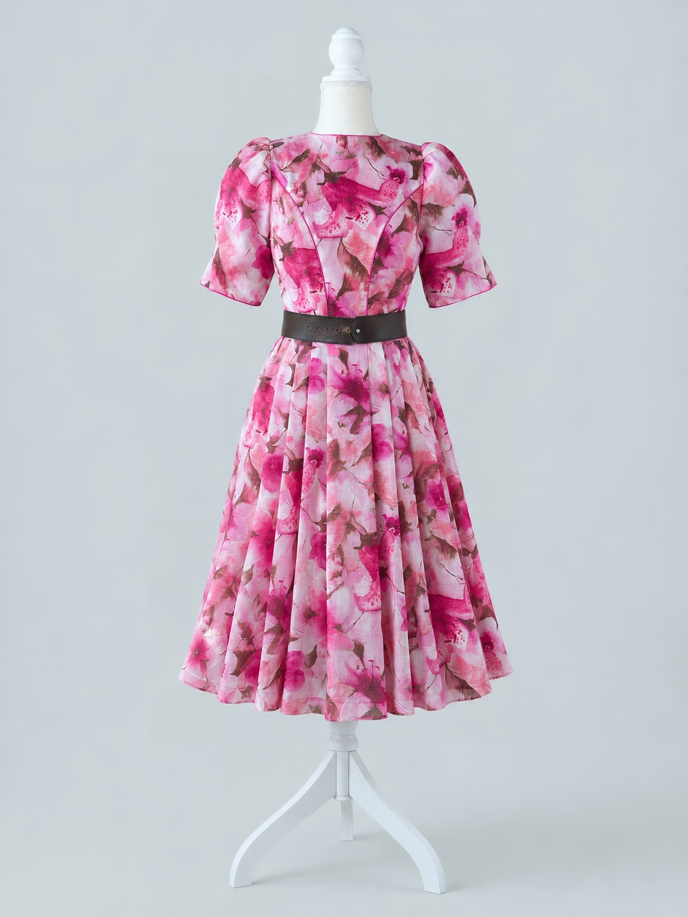 Vintage Pink Floral Midi Dress with Puff Sleeves and Belt, Cottagecore, Dirndl - Picture 8 of 11